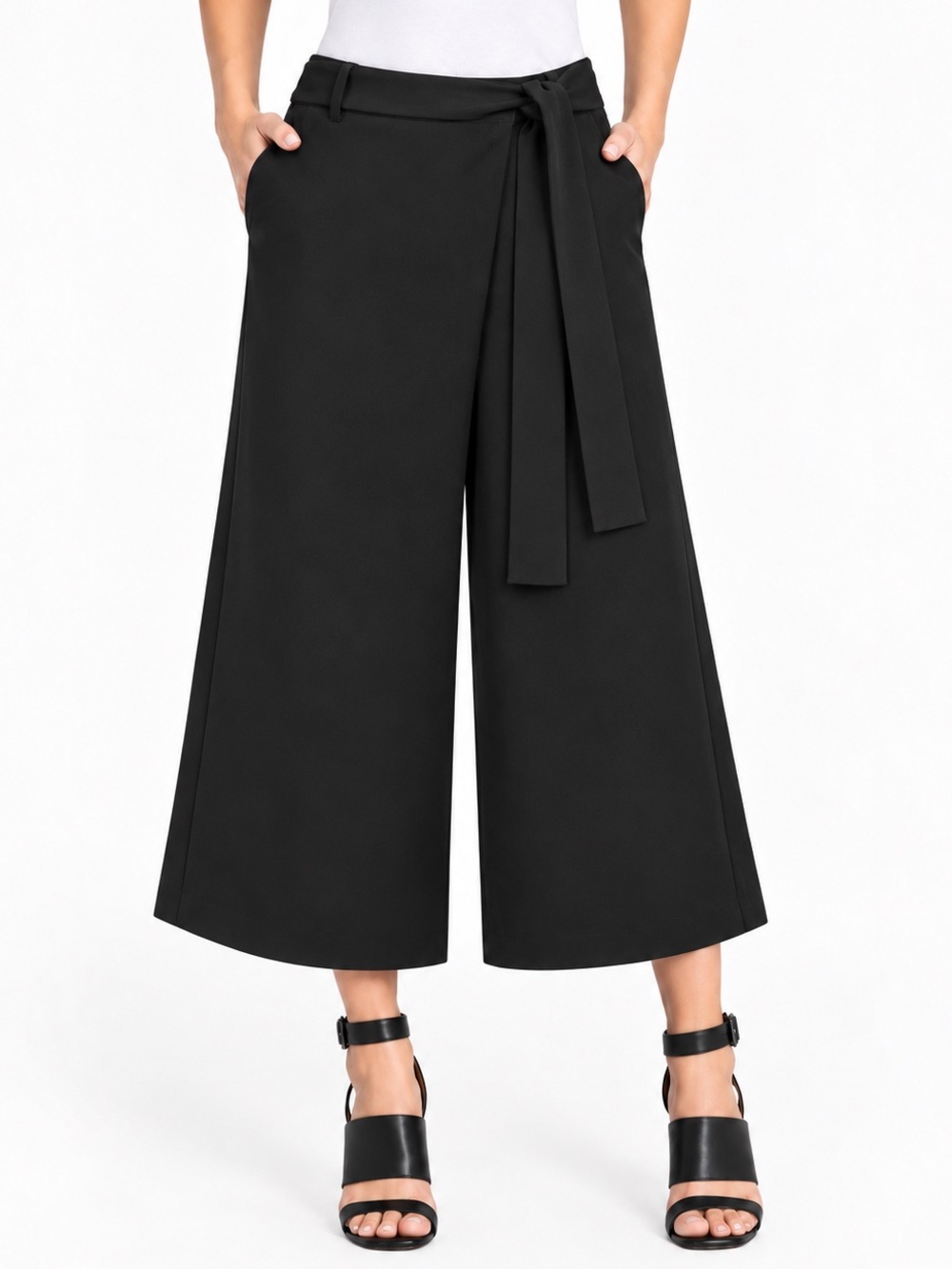 Lafayette 148 Black Wrap Front Wide Leg Cropped Pants Tie Waist Size 6